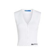White ribbed knit sleeveless cardigan with v neck and button closure featuring karl lagerfeld jeans logo embroidery