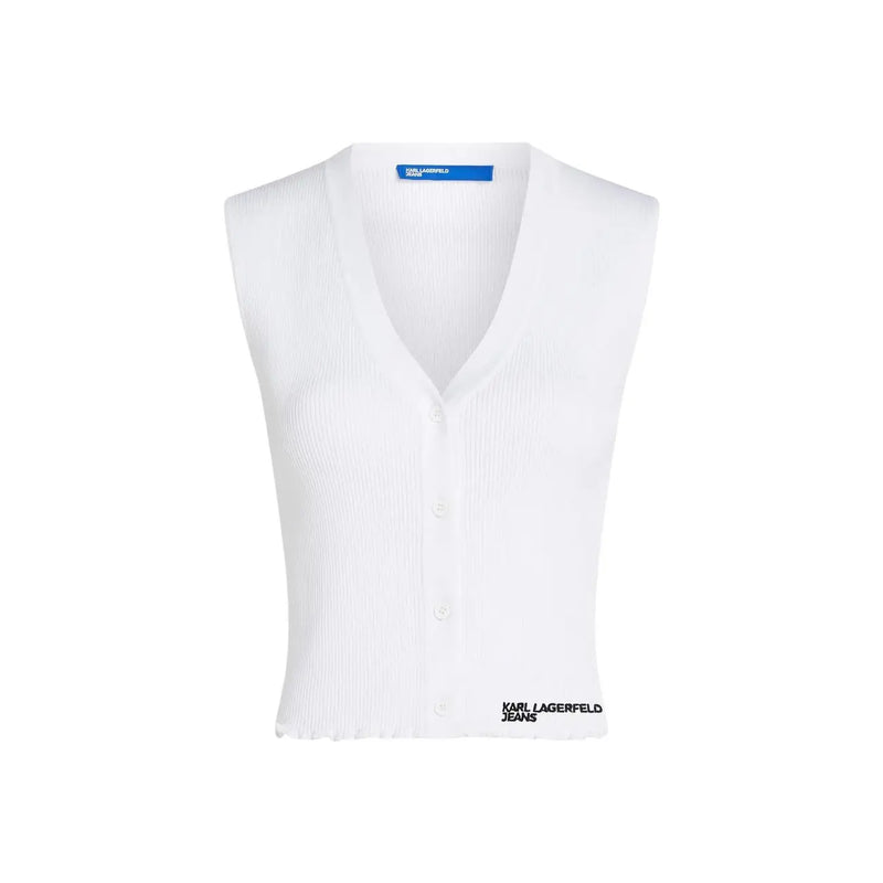 White ribbed knit sleeveless cardigan with v neck and button closure featuring karl lagerfeld jeans logo embroidery