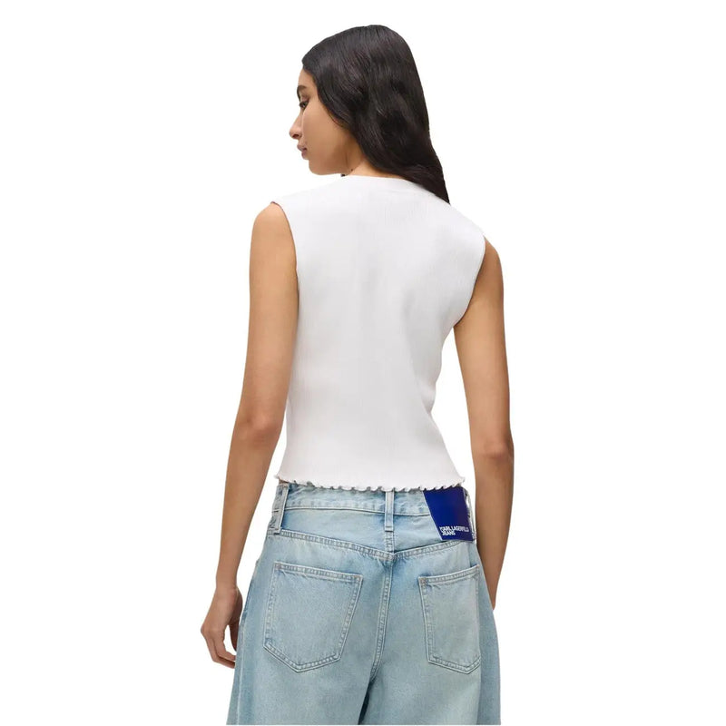 White sleeveless knit tank top with scalloped hemline and v neck buttons by Karl Lagerfeld Jeans women