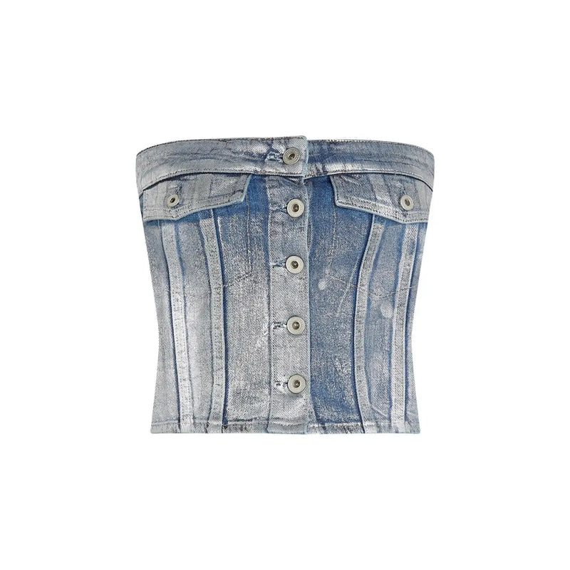 Karl Lagerfeld Jeans women light blue cotton cropped denim corset top with button front closure and front pockets
