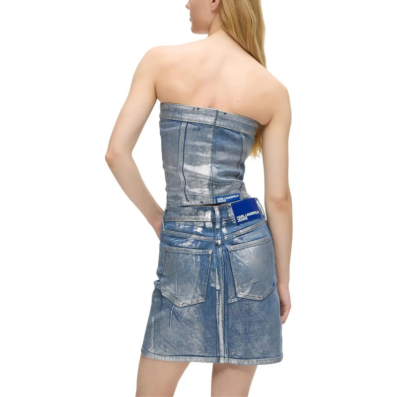Back side of a karl lagerfeld jeans women light blue denim strapless mini dress with corset-style back and faded wash