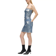 Karl Lagerfeld jeans women light blue cotton strapless denim mini dress with metallic sheen and multiple pockets