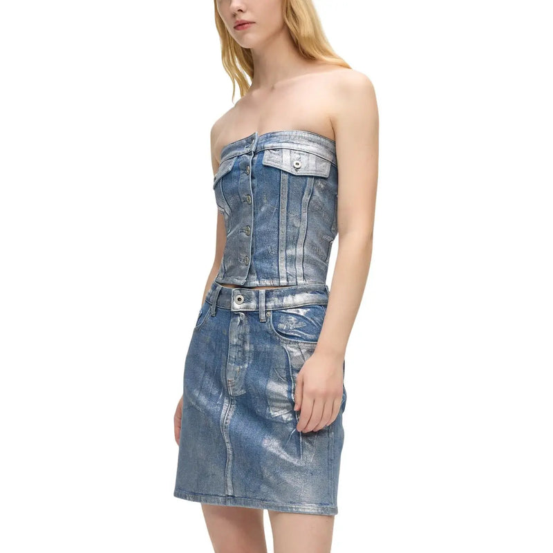 Denim strapless corset top and high-waisted skirt in light blue cotton with metallic sheen and button closures by karl lagerfeld jeans