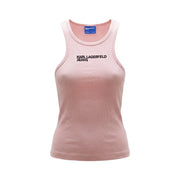 A soft pink ribbed cotton tank top for women with black karl lagerfeld jeans lettering across the chest