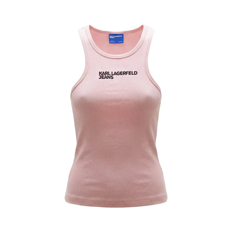 A soft pink ribbed cotton tank top for women with black karl lagerfeld jeans lettering across the chest