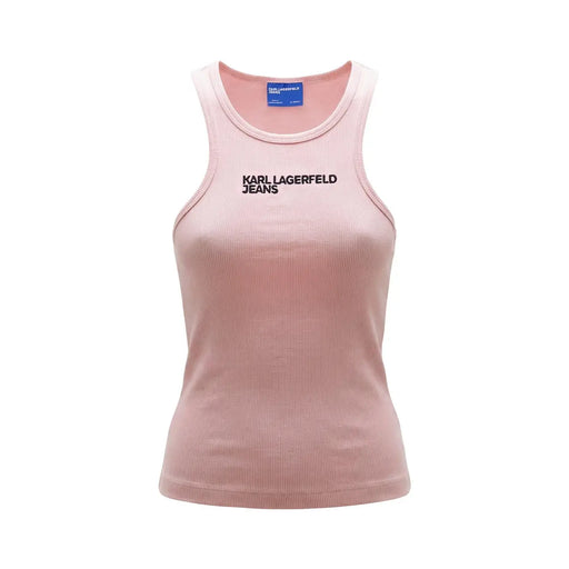 A soft pink ribbed cotton tank top for women with black karl lagerfeld jeans lettering across the chest