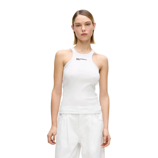 White Karl Lagerfeld halter tank top with black logo on chest made of ribbed pink cotton for women by Karl Lagerfeld Jeans