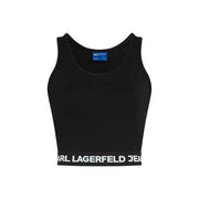 Black karl lagerfeld jeans sleeveless crop top in viscose with white logo band at the hem for women