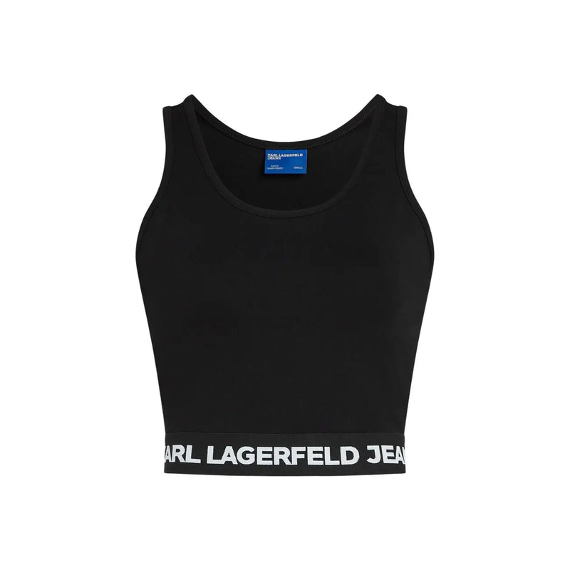 Black karl lagerfeld jeans sleeveless crop top in viscose with white logo band at the hem for women