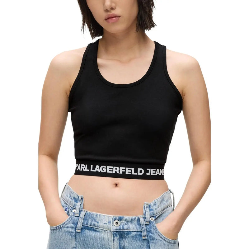 Black karl lagerfeld jeans sleeveless crop top in viscose with white logo band at the hem for women
