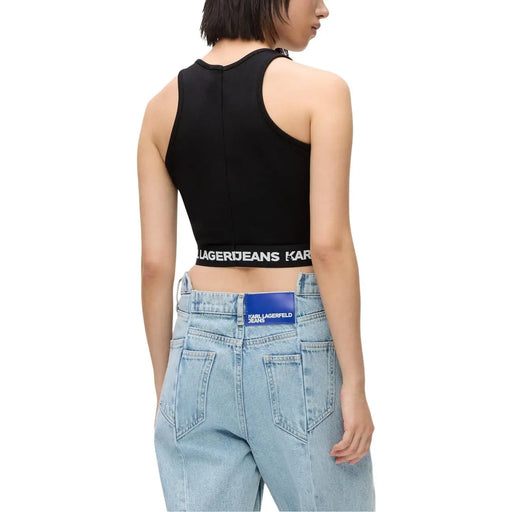 Black sleeveless viscose crop top with white karl lagerfeld jeans branding on waistband for women