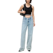 Light-wash denim high-rise wide-leg jeans with classic five-pocket design and visible stitching by Karl Lagerfeld