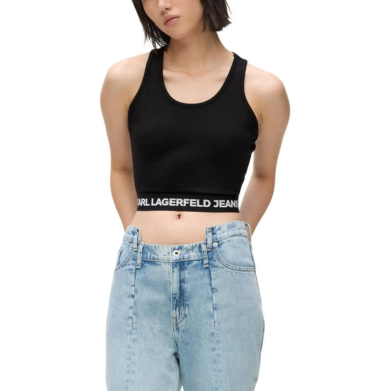 Karl Lagerfeld Jeans women sleeveless top black viscose with white branded band at the waistband cropped design
