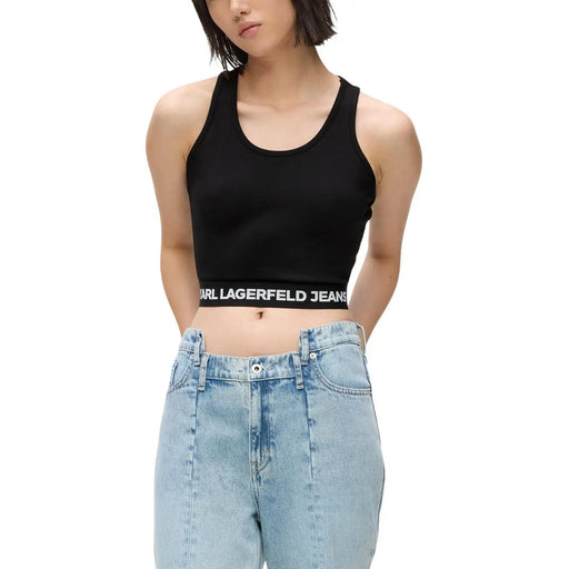 Karl Lagerfeld Jeans women sleeveless top black viscose with white branded band at the waistband cropped design