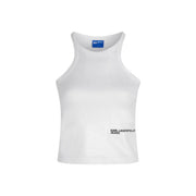 White ribbed knit cotton sleeveless top with black karl lagerfeld jeans branding and a blue neckline tag