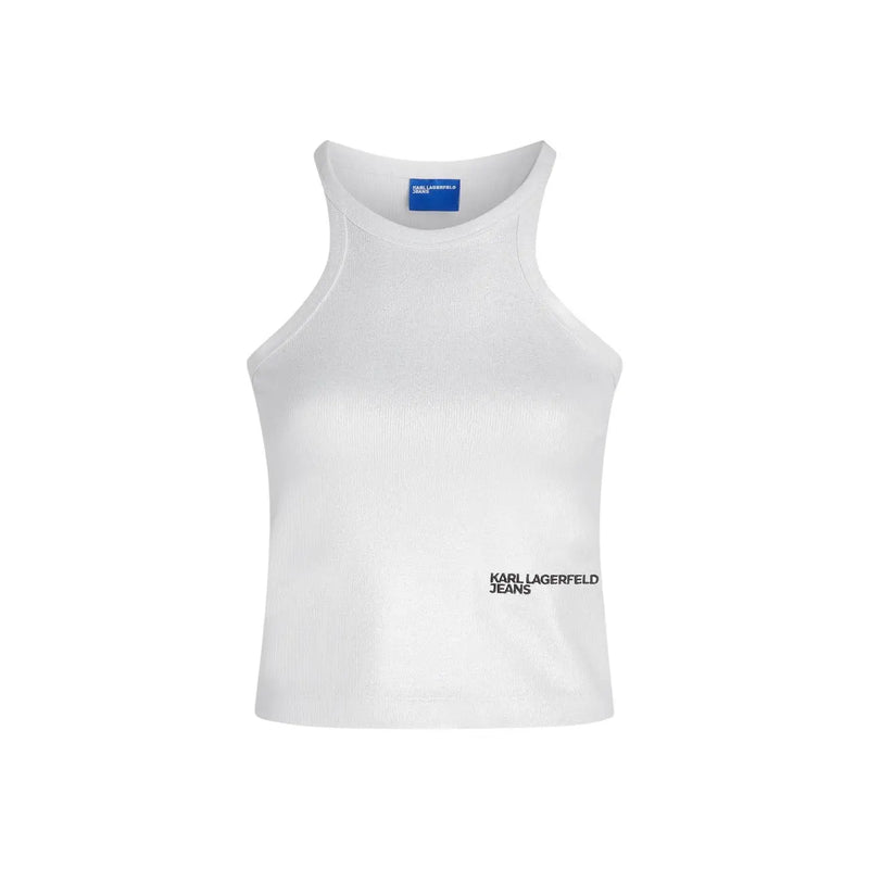 White ribbed knit cotton sleeveless top with black karl lagerfeld jeans branding and a blue neckline tag