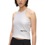 White ribbed knit sleeveless crop top in silver cotton with black karl lagerfeld jeans logo on lower left side for women