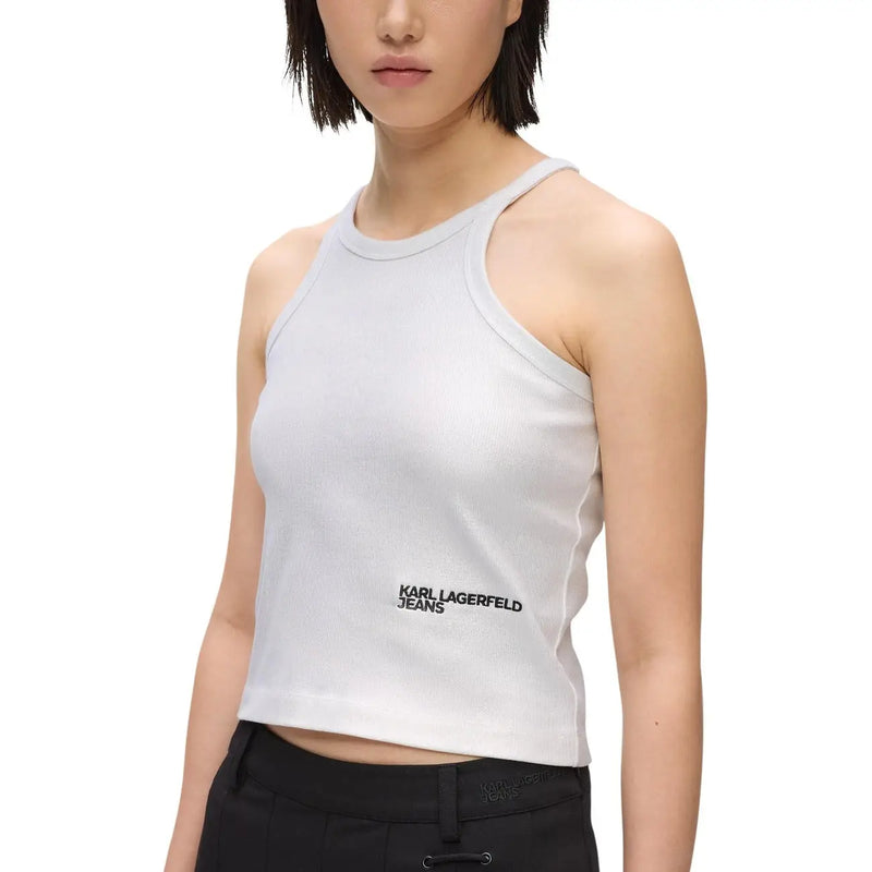 White ribbed knit sleeveless crop top in silver cotton with black karl lagerfeld jeans logo on lower left side for women