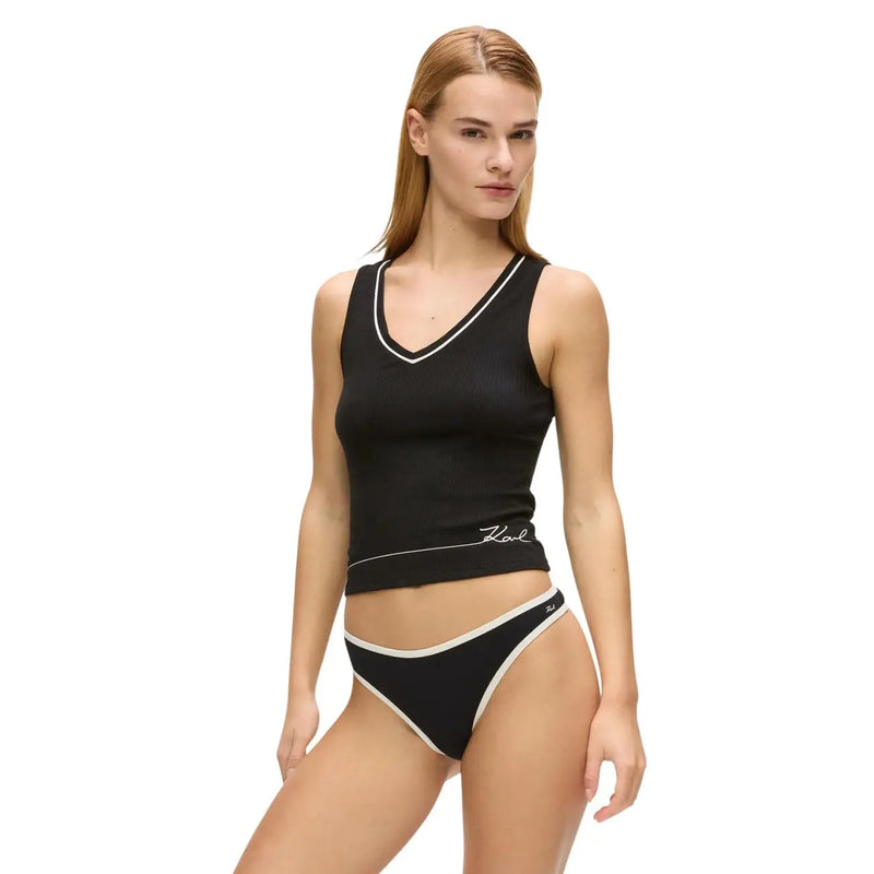 Black karl lagerfeld branded tank top with white trim made of viscose for women with v neck design