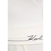Close-up of white ribbed viscose fabric with black embroidered karl signature on karl lagerfeld jeans women tank top