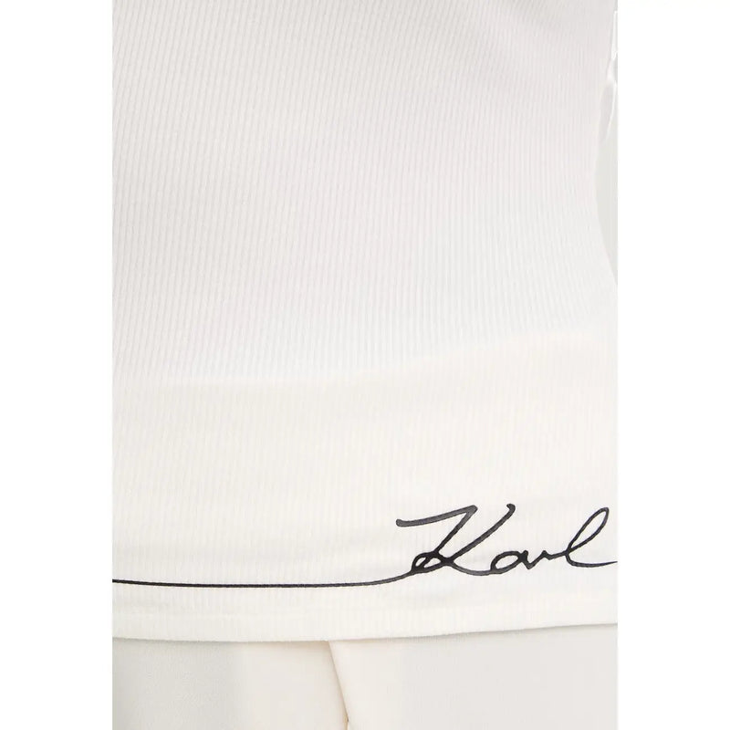 Close-up of white ribbed viscose fabric with black embroidered karl signature on karl lagerfeld jeans women tank top