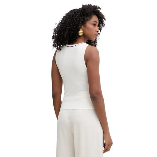 White sleeveless v neck tank top with black trim by Karl Lagerfeld Jeans made of beige viscose for women