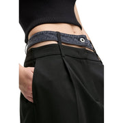 Dark blue denim belt with silver toned metal buckle on karl lagerfeld jeans women trousers black zip button b1w10085