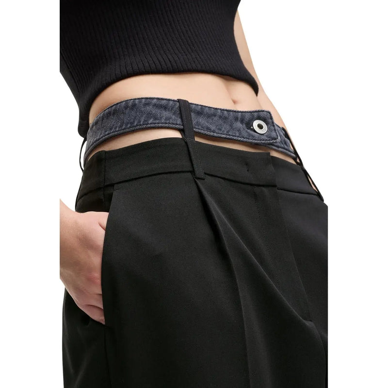 Dark blue denim belt with silver toned metal buckle on karl lagerfeld jeans women trousers black zip button b1w10085
