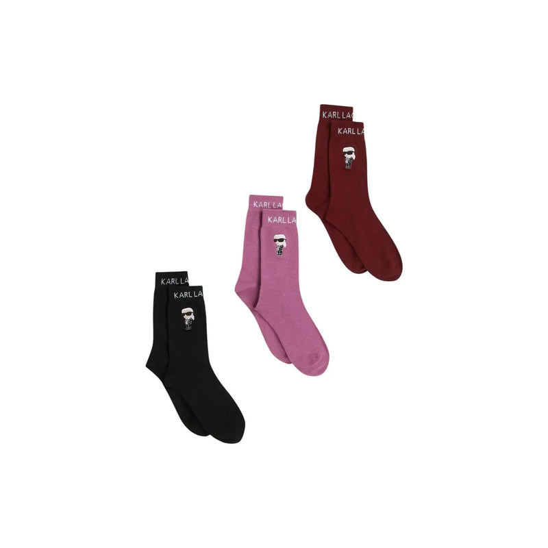 Set of three Karl Lagerfeld branded cotton socks in black pink and burgundy with embroidered cartoon designs
