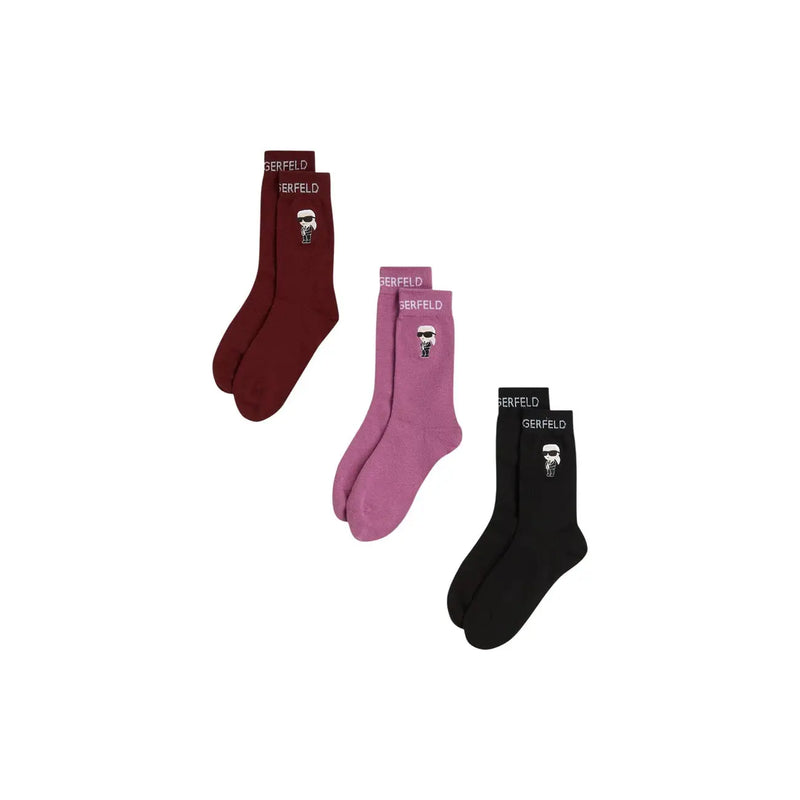 Set of three Karl Lagerfeld cotton socks in burgundy mauve and black with embroidered cartoon caricatures on ankle