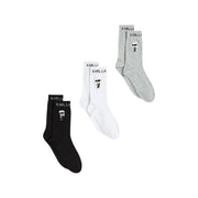 Set of three karl lagerfeld cotton crew socks in black white and heather gray with cartoon silhouette logo on ankle