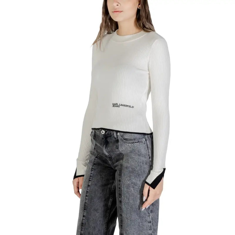 Women’s white ribbed long-sleeve top with black trim from Karl Lagerfeld Jeans