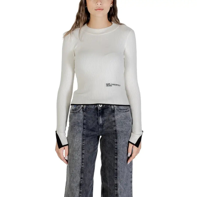 Ribbed long-sleeve white knitwear with black trim from Karl Lagerfeld Jeans Women collection