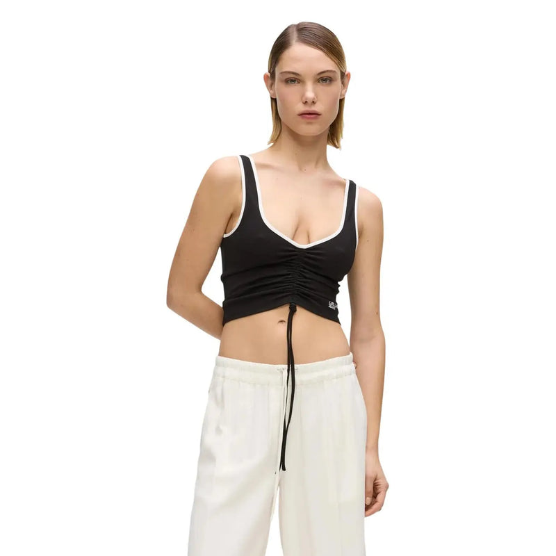 Karl Lagerfeld jeans women black ruched crop top with white trim and drawstring waist for casual wear