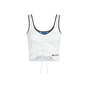White karl lagerfeld jeans ruched bralette crop top with v neck black trim and front tie detail for women