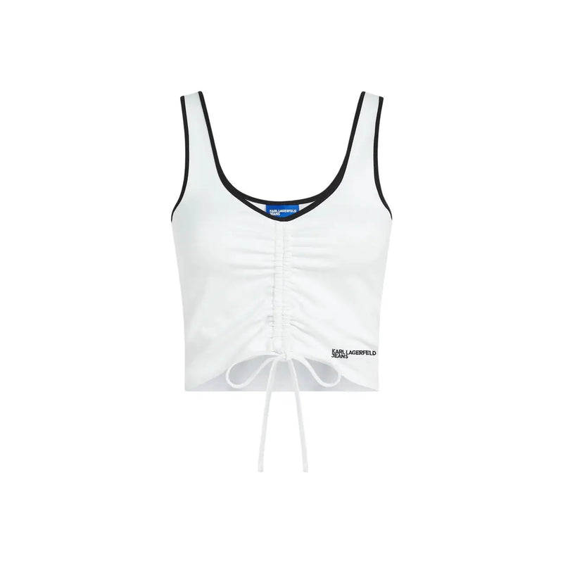 White karl lagerfeld jeans ruched bralette crop top with v neck black trim and front tie detail for women