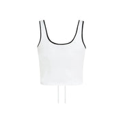 White ruched bralette top by Karl Lagerfeld Jeans with black trim neckline and armholes showing back drawstring detail