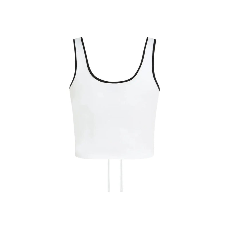 White ruched bralette top by Karl Lagerfeld Jeans with black trim neckline and armholes showing back drawstring detail