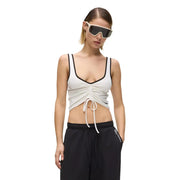 White ruched crop top with black trim and drawstring tie detail by Karl Lagerfeld Jeans women white ruched bralette top v neck