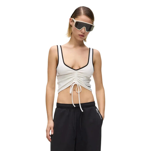 White ruched crop top with black trim and drawstring tie detail by Karl Lagerfeld Jeans women white ruched bralette top v neck
