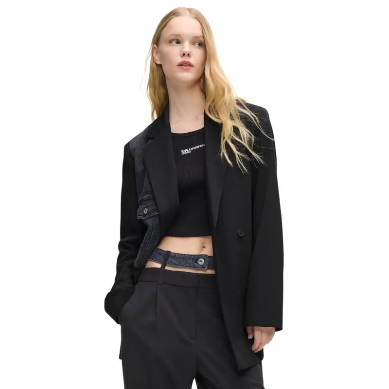 Black Karl Lagerfeld jeans women’s blazer with lapel collar structured silhouette and denim patch detail on left side