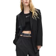 Karl Lagerfeld Jeans women’s black blazer with lapel collar featuring sleek tailored fit and subtle denim shoulder patchwork