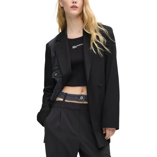 Karl Lagerfeld Jeans women’s black blazer with lapel collar featuring sleek tailored fit and subtle denim shoulder patchwork