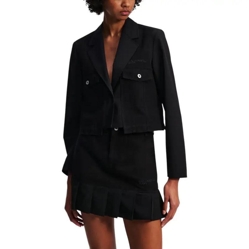 Karl Lagerfeld Jeans womens long black tailored blazer with cropped hem and flap pockets for fall winter