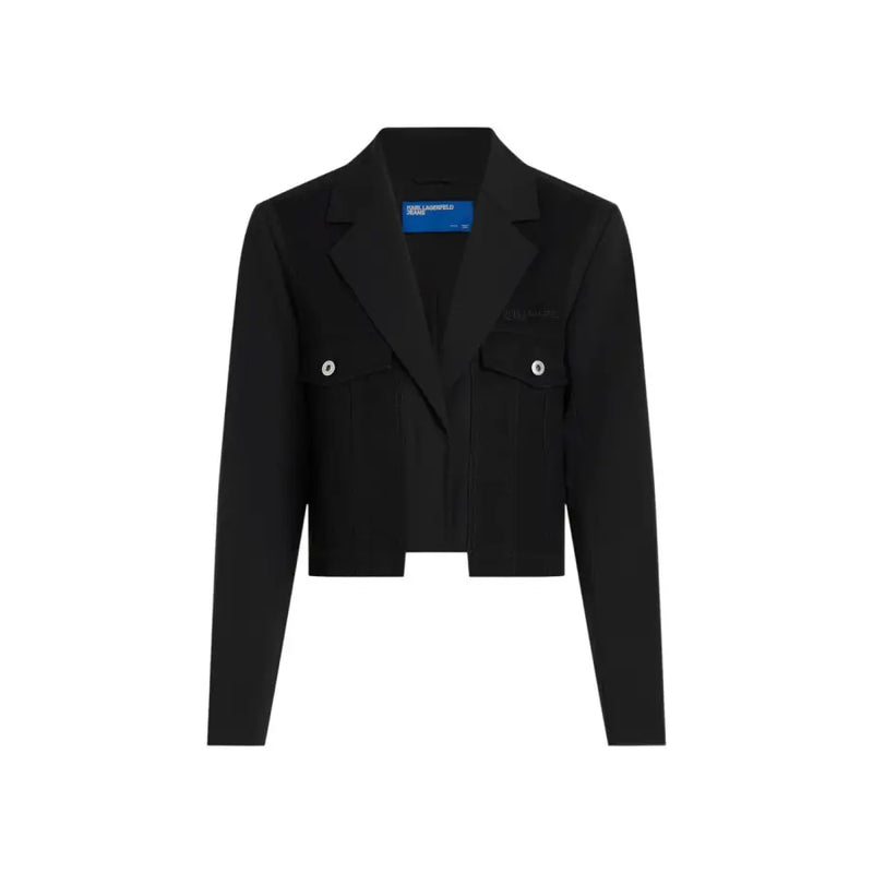 Black karl lagerfeld cropped blazer with silver buttons and structured shoulders for fall winter wear