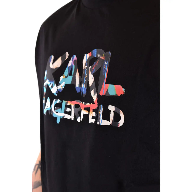Black karl lagerfeld men t-shirt with bold colorful graffiti style logo in blue red and white on front