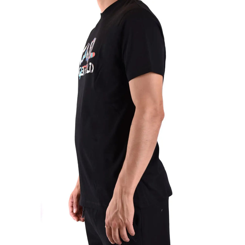 Black short-sleeved cotton t-shirt by karl lagerfeld featuring a colorful graphic print on the chest for men