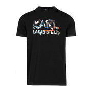 Black Karl Lagerfeld men t-shirt with vibrant graffiti-style logo and multicolored blue orange and white splashes