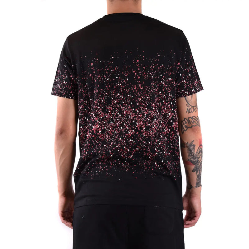 Black short-sleeved Karl Lagerfeld men t-shirt with pink and silver glitter speckles fading from shoulders to hem