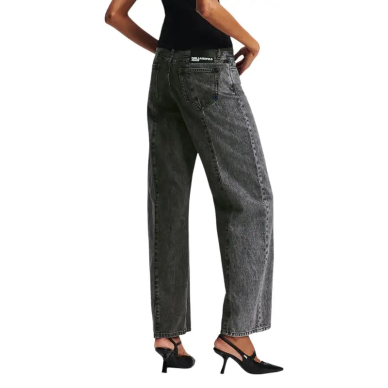 Karl Lagerfeld Women Black Cotton Jeans featuring dark grey acid-wash wide-leg style with black high heels